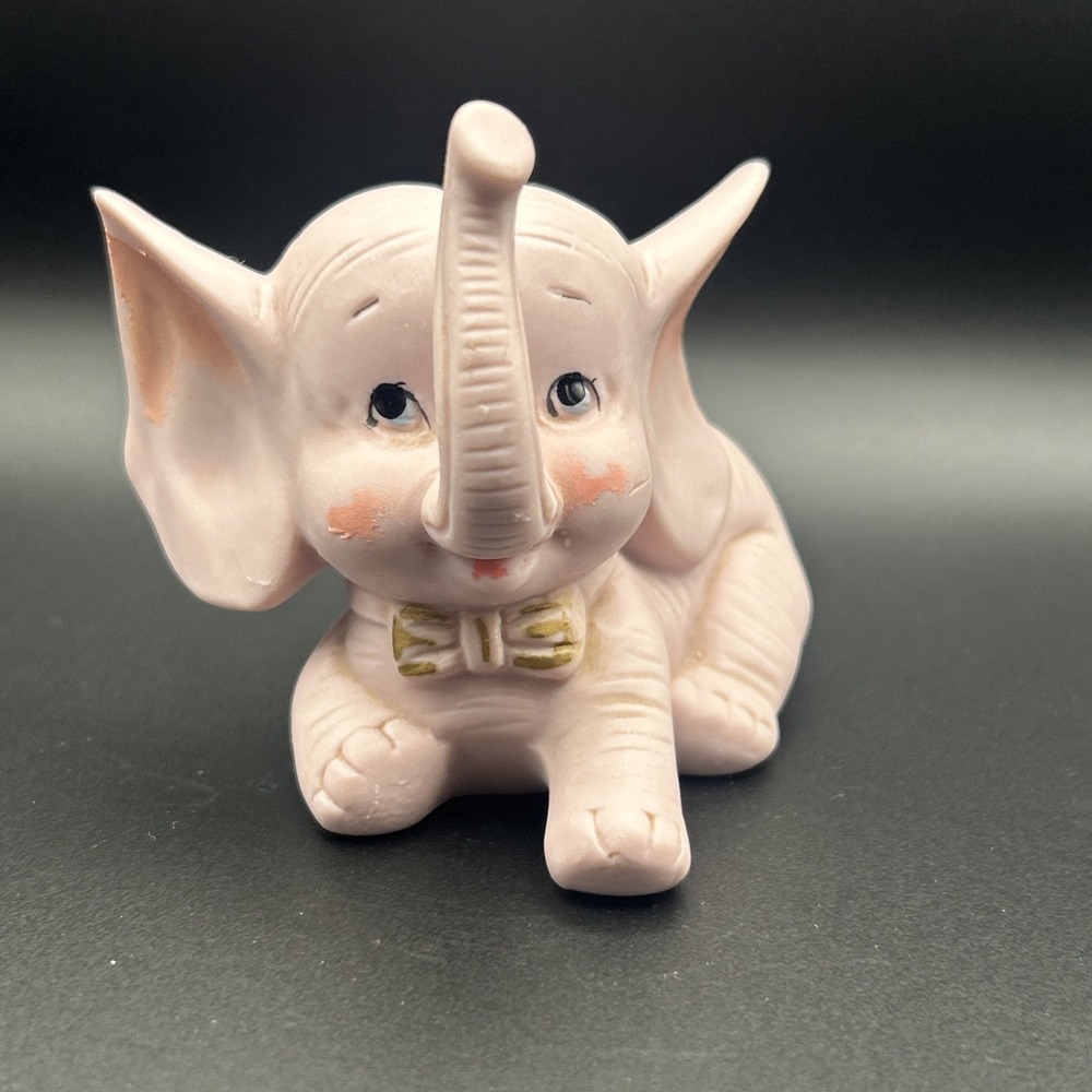 Cute Vintage Pink Bisque Elephant w/ Gold Tie Made In Japan